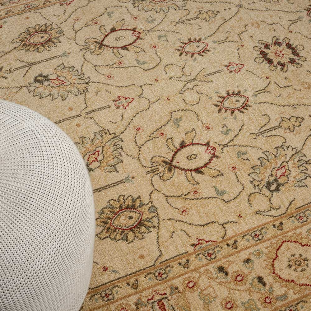 Florales Muster und Textur des beigen Orientteppichs mit detailreichen Ornamenten – Arjas