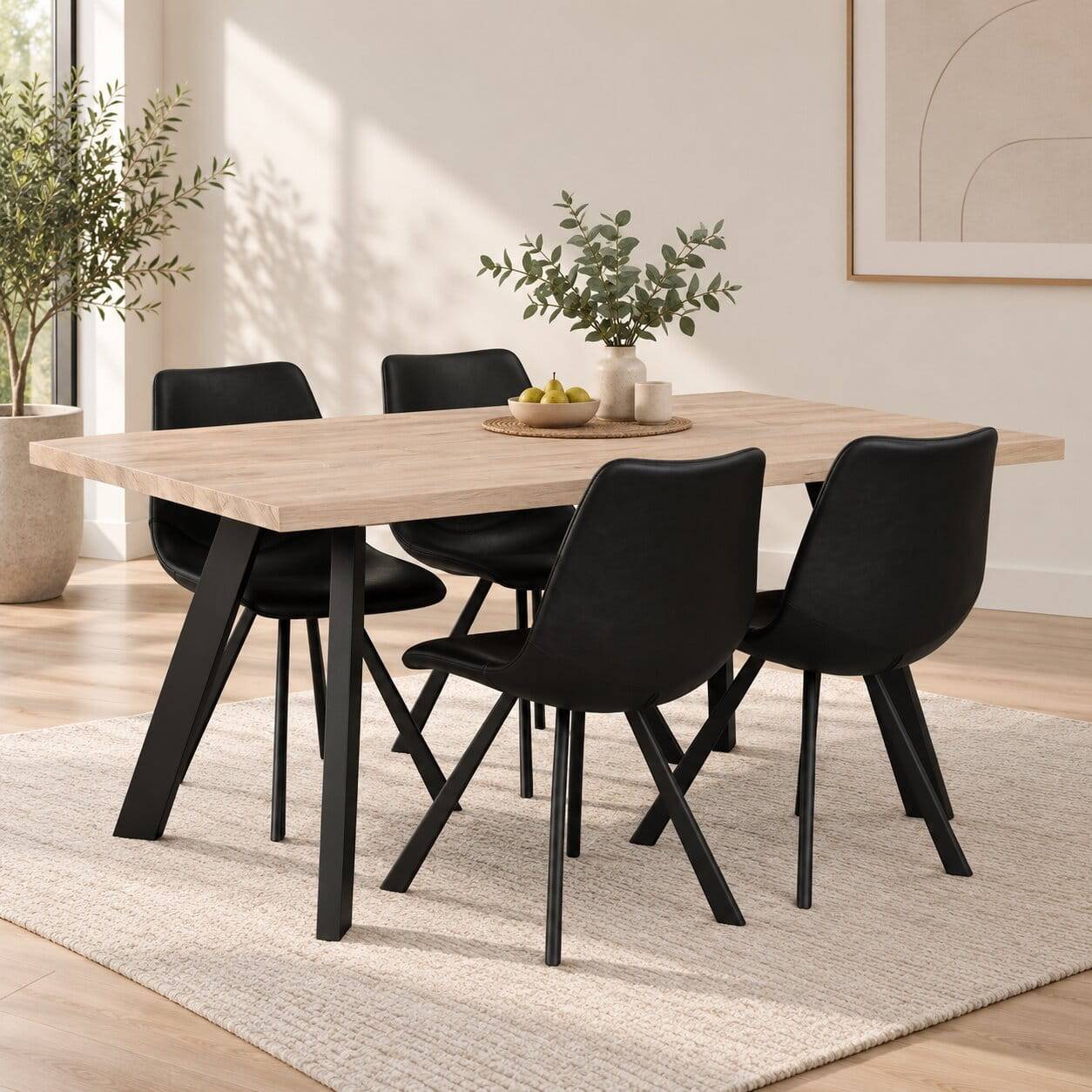 White Wash Eiche Tisch mit 4 Stühlen - Pulva (fünfteilig)