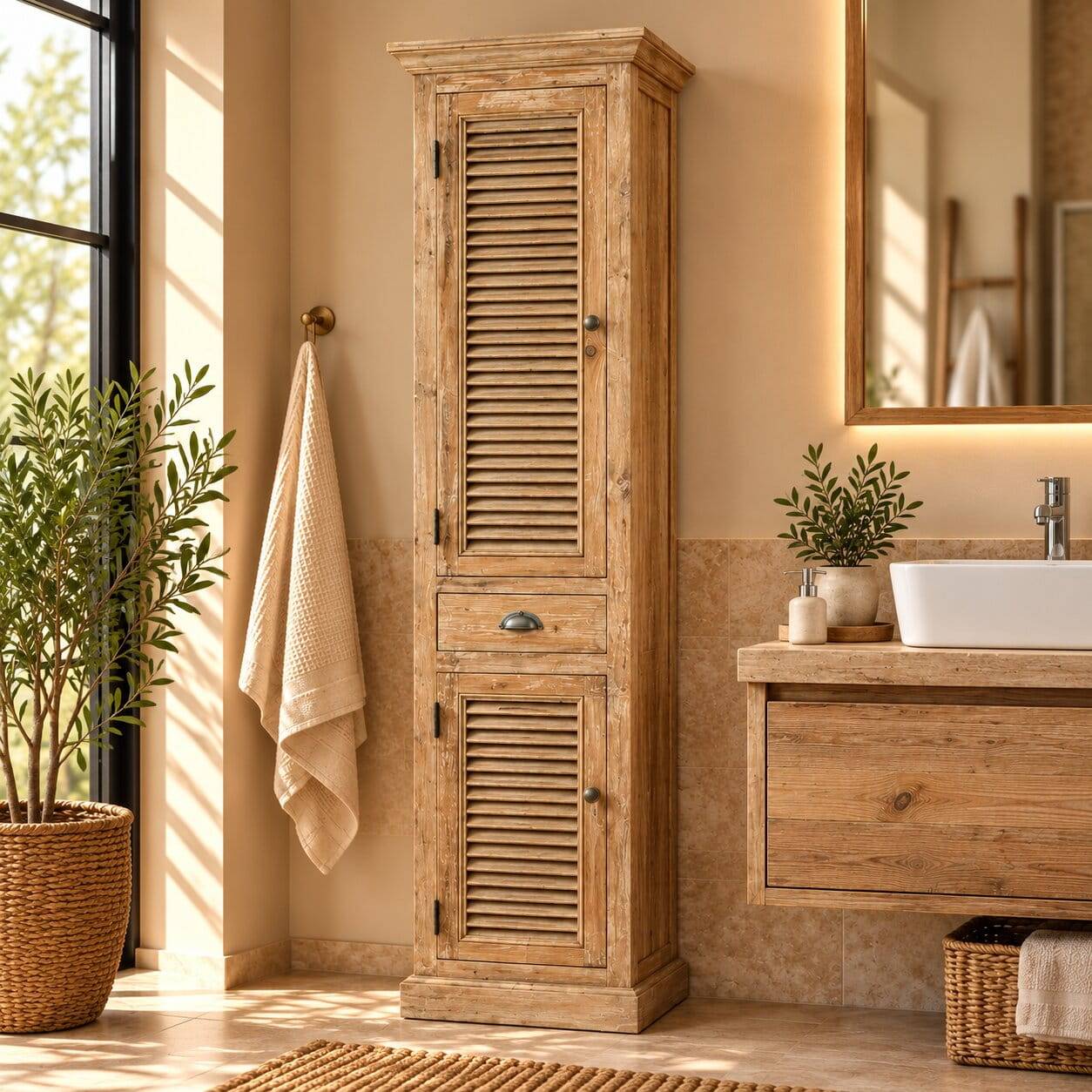 Teilmassiver Badschrank in Kiefer Antik Harrosands mit Lamellen Front