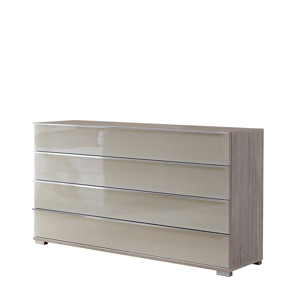 Elegantes Design Sideboard mit vier creme weißen Glas-Schubladen und Holzseiten – Monchy