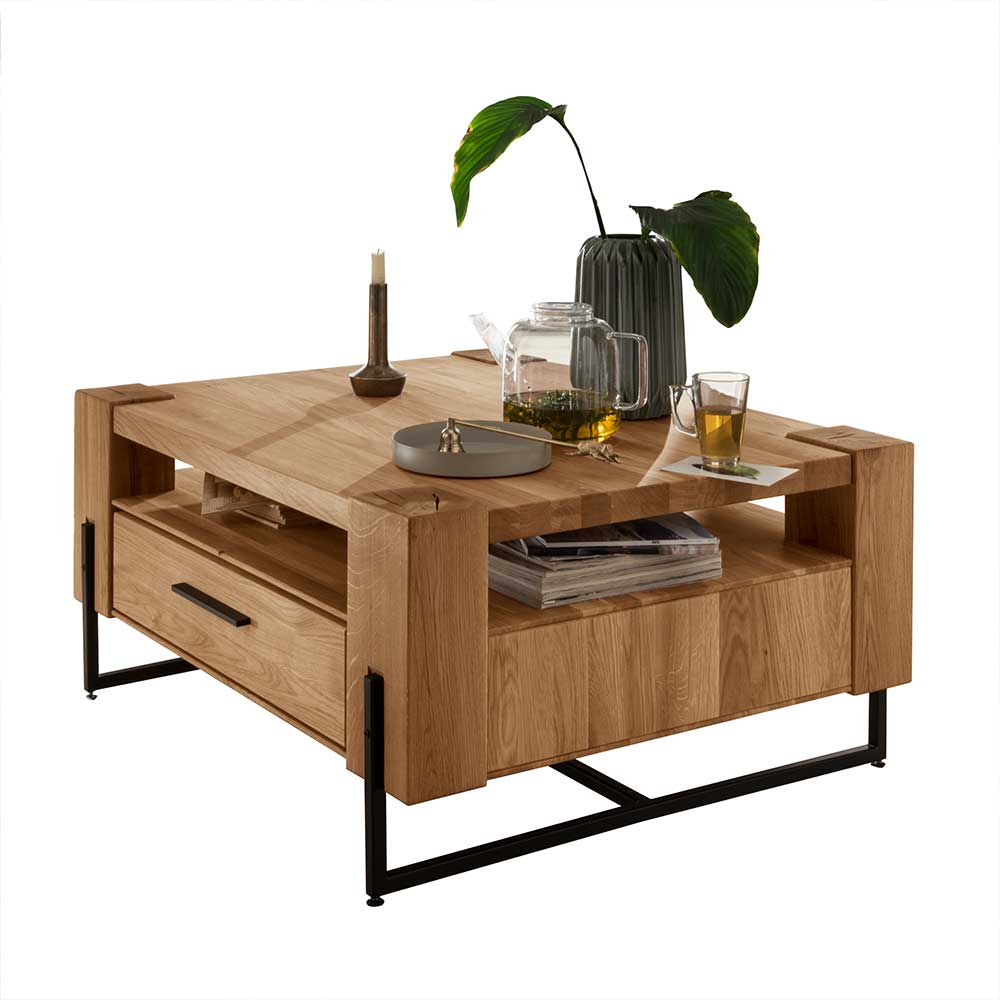 Quadratischer Couchtisch 100x80 aus Massivholz mit zwei Schubladen und vielfältigen Ablagemöglichkeiten – Slaraduva
