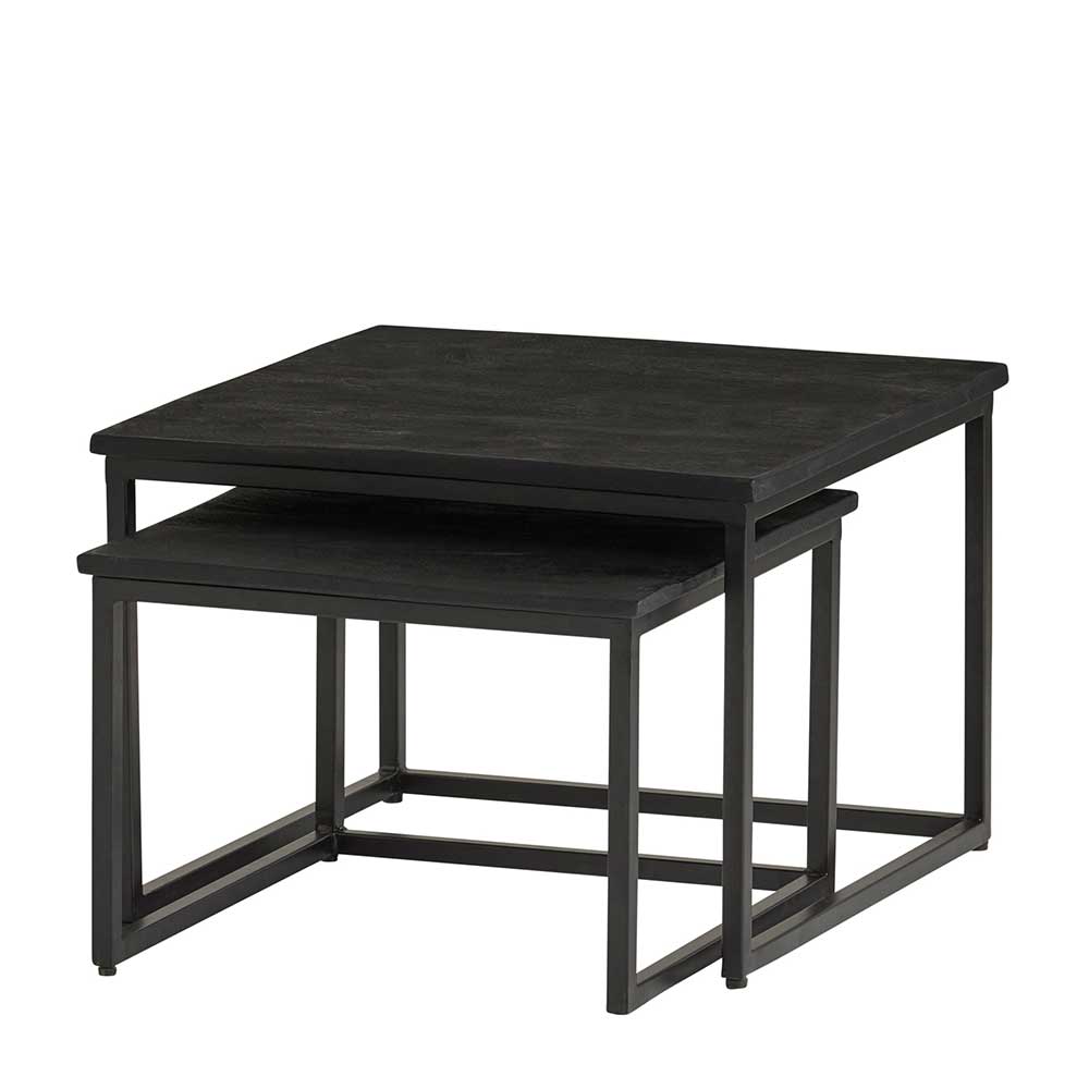 Schwarze Wohnzimmertische Satztisch 2er Set mit dunklen Holzplatten und schwarzem Metallrahmen – Bedina