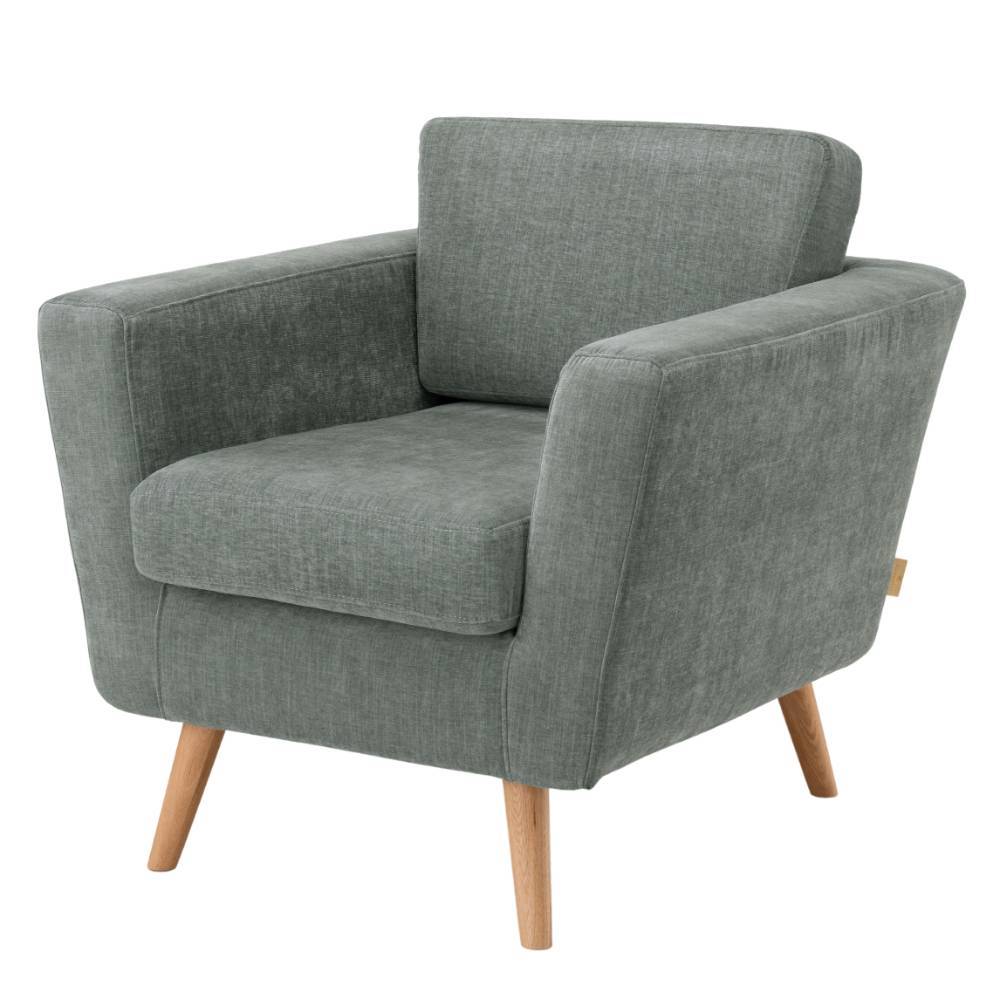 Eleganter Lounge-Sessel in Graugrün mit klarem Scandi Design und schrägen Holzbeinen – Thaddos