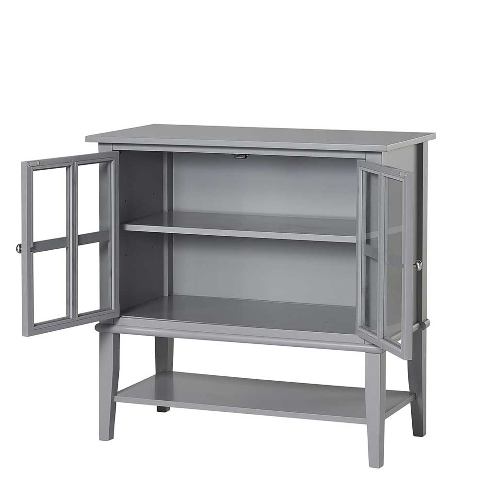 Graues Sideboard mit offenen Glastüren, zwei Innenfächern und zusätzlicher Ablage – Radius