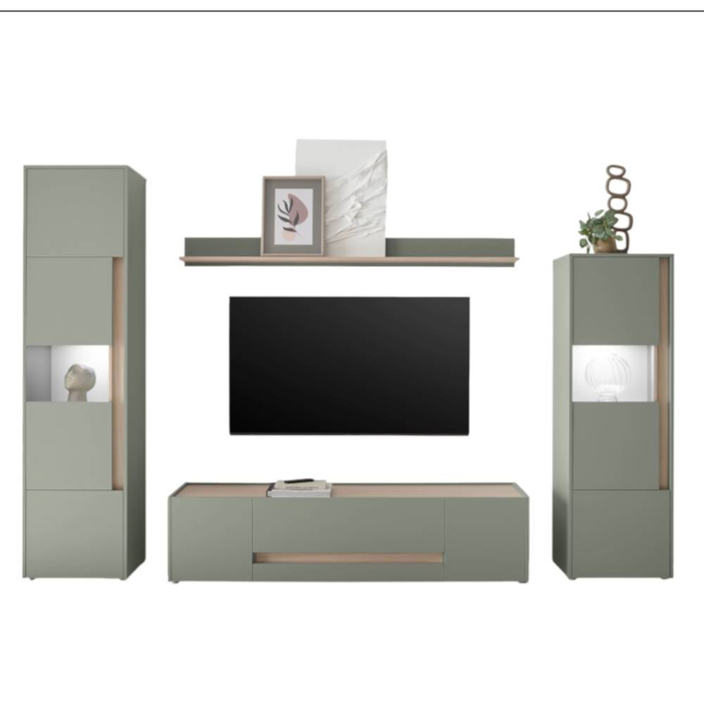 Wohnzimmer Wohnwand Set in Graugrün - Socotta (vierteilig)