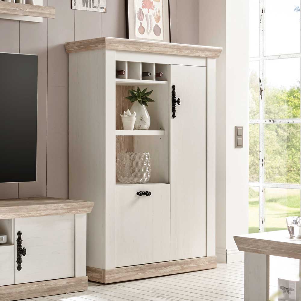 Hohes Sideboard im Scandi Landhausstil mit offenen Regalfächern und Flascheneinteilung – Nedita