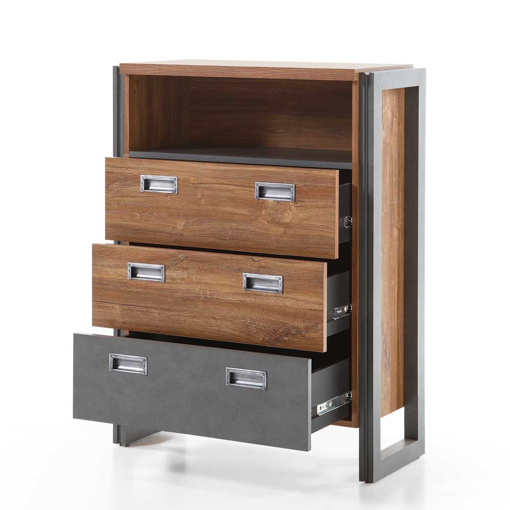 Loft Design Kommode Eiche dunkel Dekor und Schwarz mit geöffneten Schubladen – Rompira