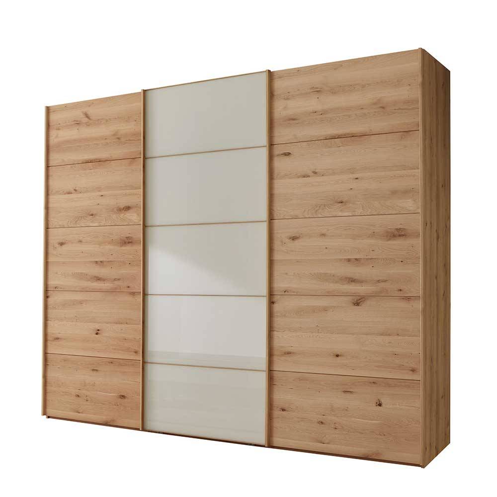 Moderner Schwebetürenschrank 300cm breit in Holzoptik mit beigefarbenen Fronten – Nikoba