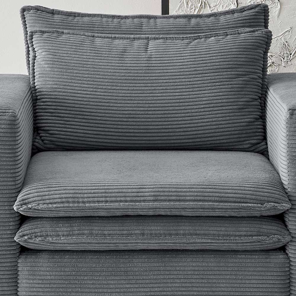 Grauer Cordstoff Sessel mit weichen Polstern und gerippter Textur – Ruffos