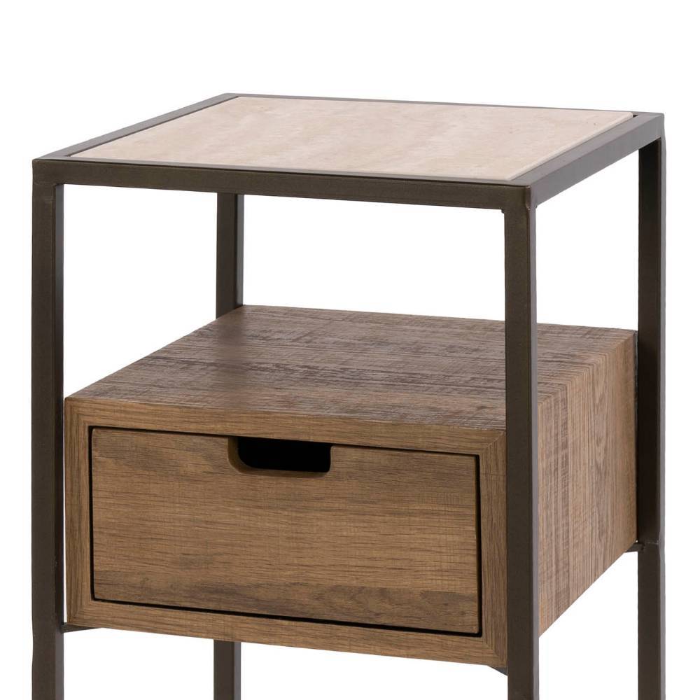 Nachtschrank im Industrial Design mit heller Keramikoberfläche und brauner Holzschublade – Sieno