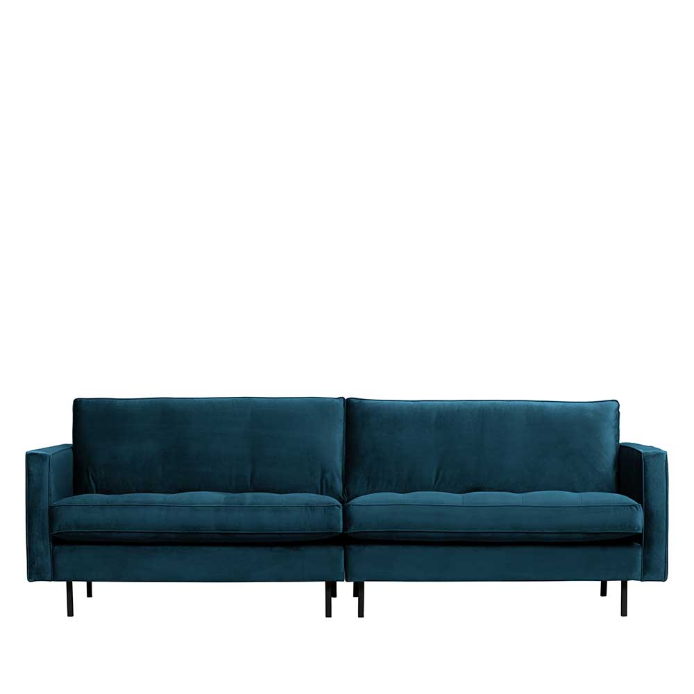 Blaues Samtsofa mit zwei Sitzflächen und schwarzen Metallfüßen für das Wohnzimmer – Cumagon