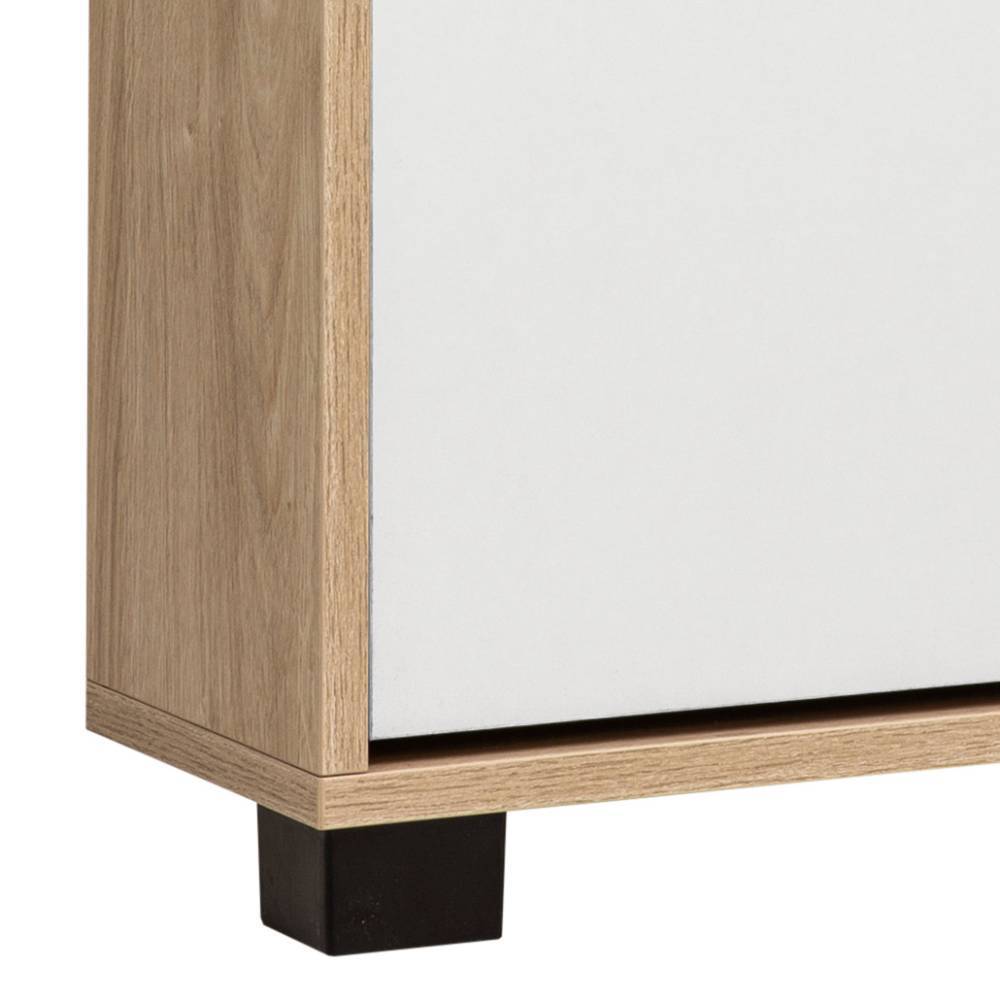 Unterer Bereich des Flurschranks in Weißeiche Design mit mattweißer Tür und schwarzem Fuß – Rasita