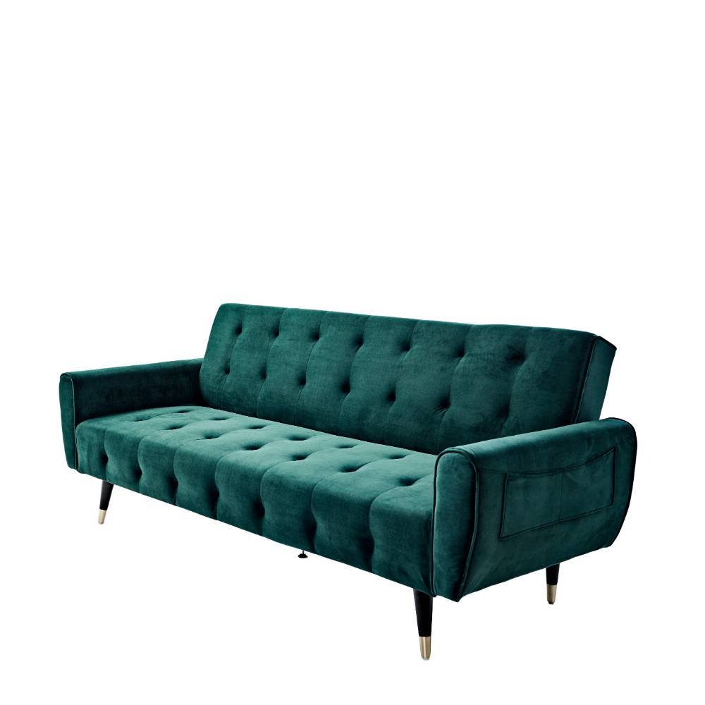Dreisitzer Schlafsofa in elegantem Dunkelgrün Samt mit Zierknöpfen und schwarzen Beinen – Aurach