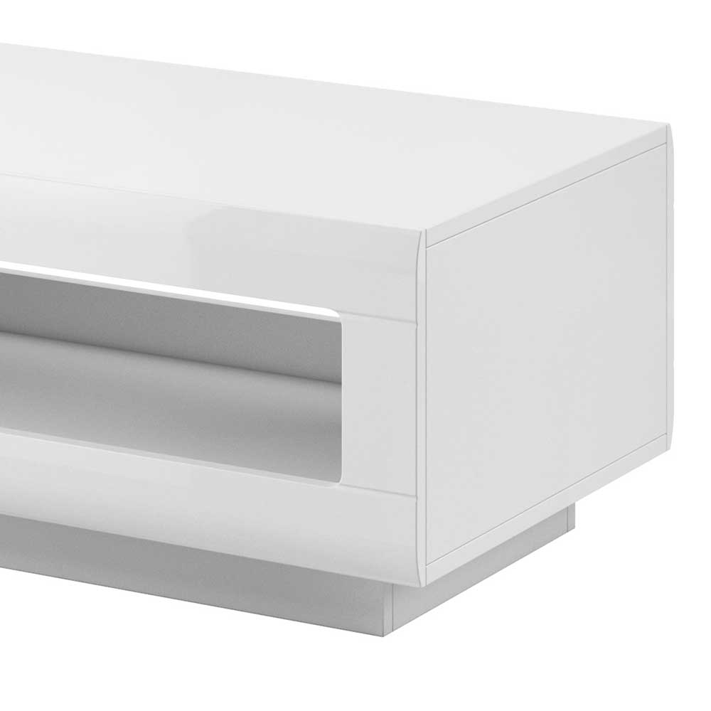 Weißer Hochglanz Couchtisch mit offenem Staufach und fester Sockelplatte – Baranoma