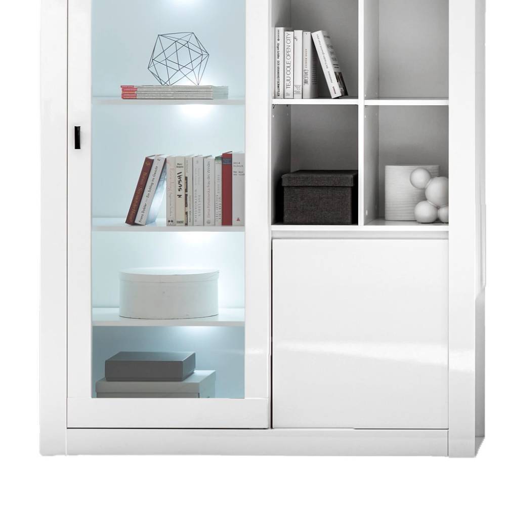 Weißer Vitrinenschrank des dreiteiligen Wohnzimmer-Wohnwand Sets mit Glastüren und Beleuchtung – Memphys