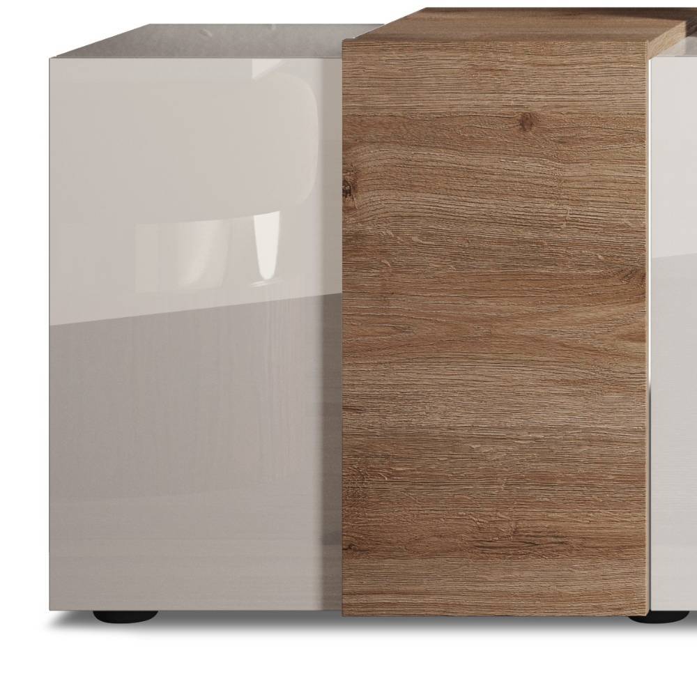 TV Lowboard mit glänzender weißer Front und Wildeiche Holzdekor – Tabea