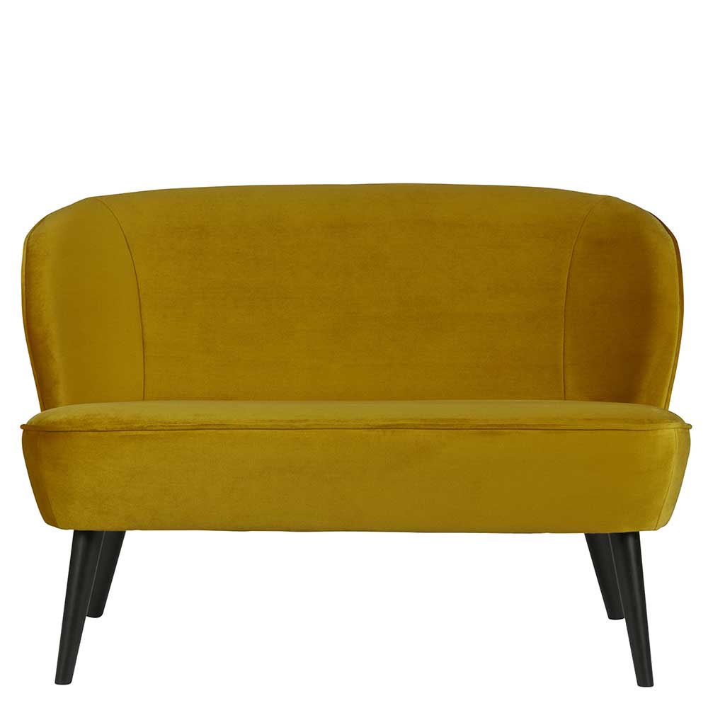 Gelbes Samt Sofa im Mid Century Stil mit geschwungener Rückenlehne und schwarzen Holzfüßen – Ramia