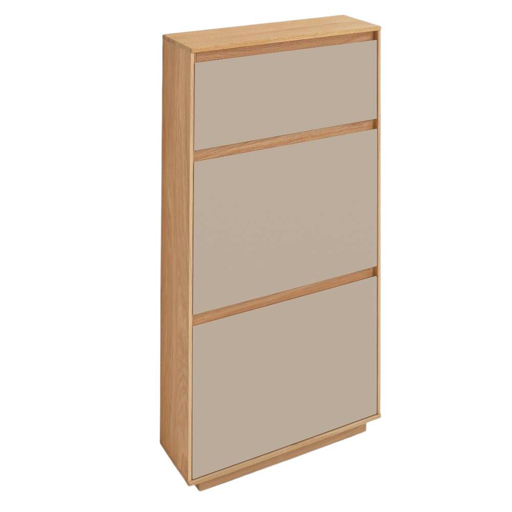 Schuhkipper schmaler Flurschrank mit drei beigen Klappen aus Eiche Bianco Holz – Nova