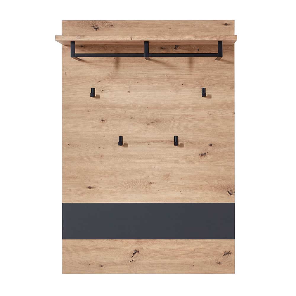 Garderobe Paneel in Wildeiche Optik mit oberer Ablage, Kleiderstange und sechs Haken – Kuetra