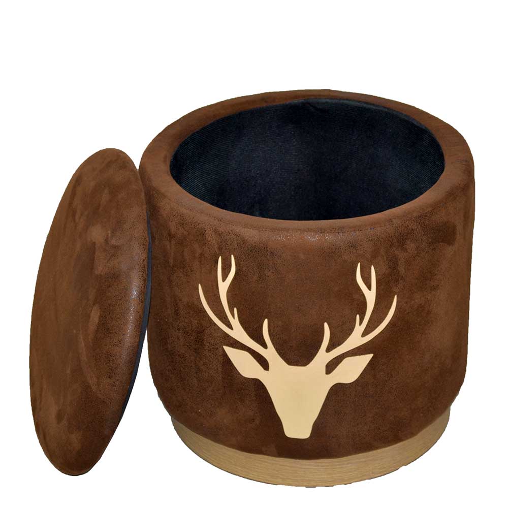 Brauner Microfaser Hocker mit Hirsch Kopf Motiv, geöffnet und Stauraum sichtbar – Arnhild
