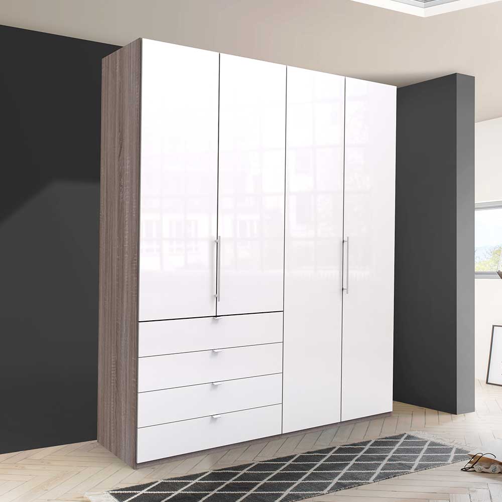 Hoher Kleiderschrank in Weiß Glas & Eiche Dunkel - Empresian