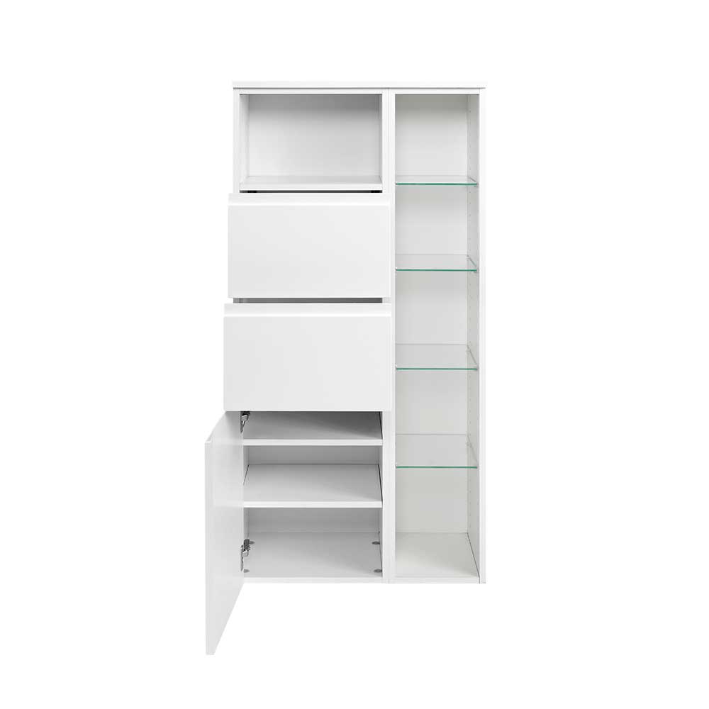 Weißer Badschrank mit offener Tür, Schubladen und Glasböden – Concetada