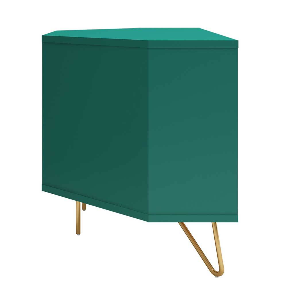 Grünes Eck-TV-Sideboard mit einzigartiger dreieckiger Form und stabilen goldenen Metallfüßen – Ricriava