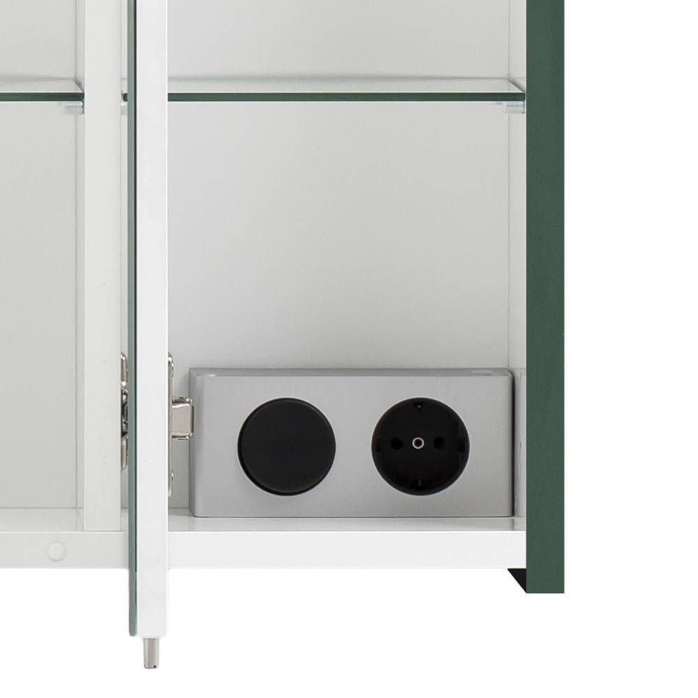 Innenansicht Spiegelschrank mit integrierter Steckdose und Schalter für Badezimmer – Fridoloria