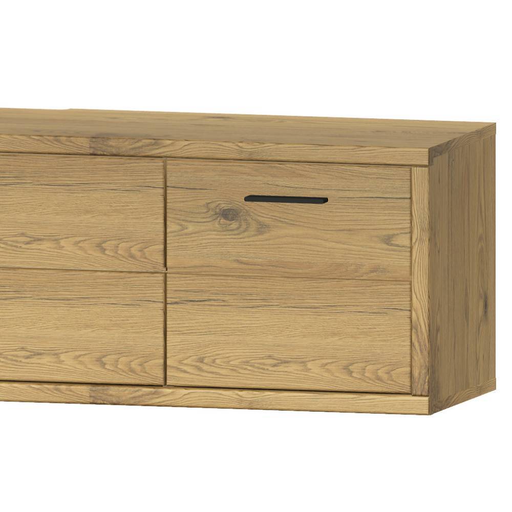 Wildeiche Massivholz TV-Lowboard Detail der Holzmaserung mit geschlossener Schublade Friburgo