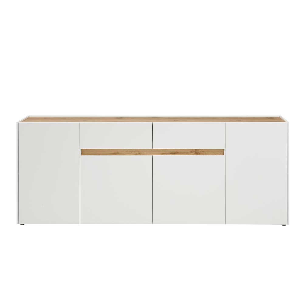 Elegantes weißes Sideboard mit Eichenholz-Akzenten und vier Türen für den Flur – Nonessia