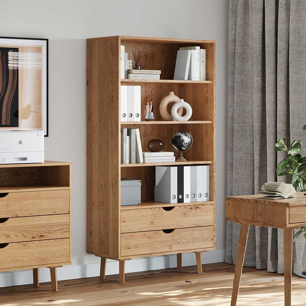 Massivholz-Regal mit zwei Schubladen im Arbeitszimmer, Eichenholz Optik – Fabijola