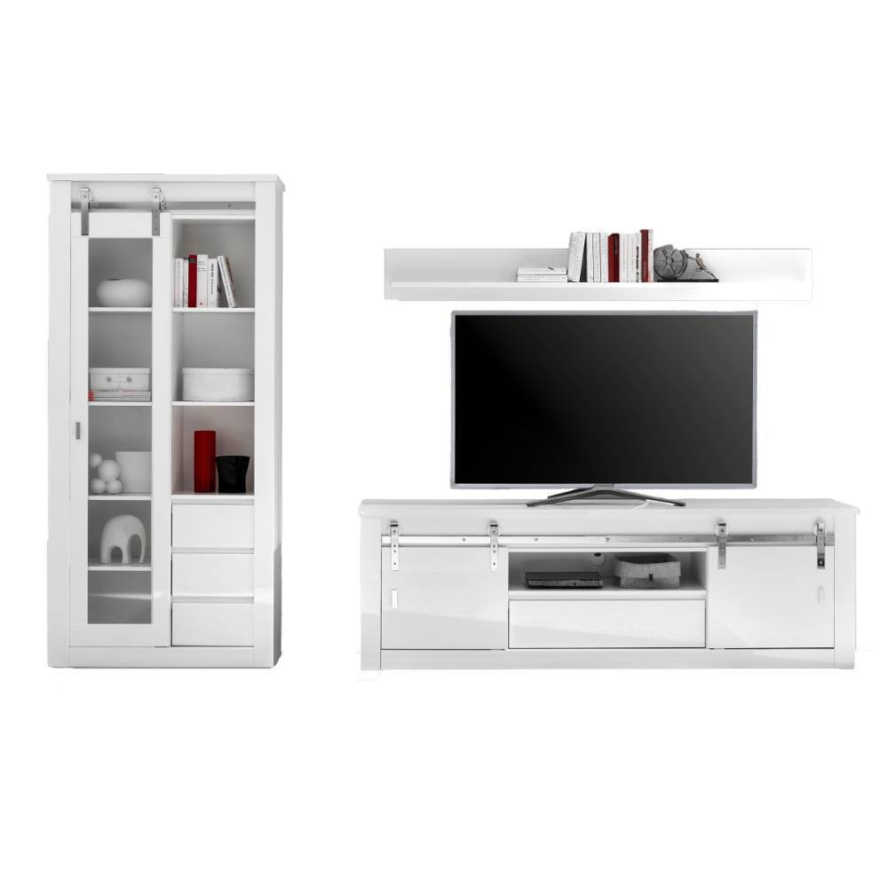 Weiße moderne dreiteilige Wohnzimmer-Wohnwand mit Vitrine, TV-Lowboard und Wandregal – Memphys