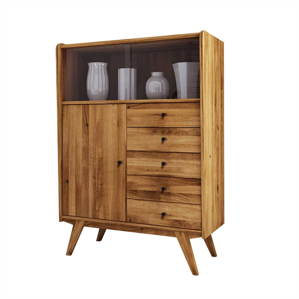 Massiver Mid Century Schrank aus Eiche mit Vitrinenbereich, Tür und fünf Schubladen – Hardus