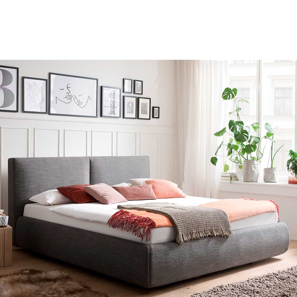 Graues Polsterbett mit Bettkasten - Lecentra