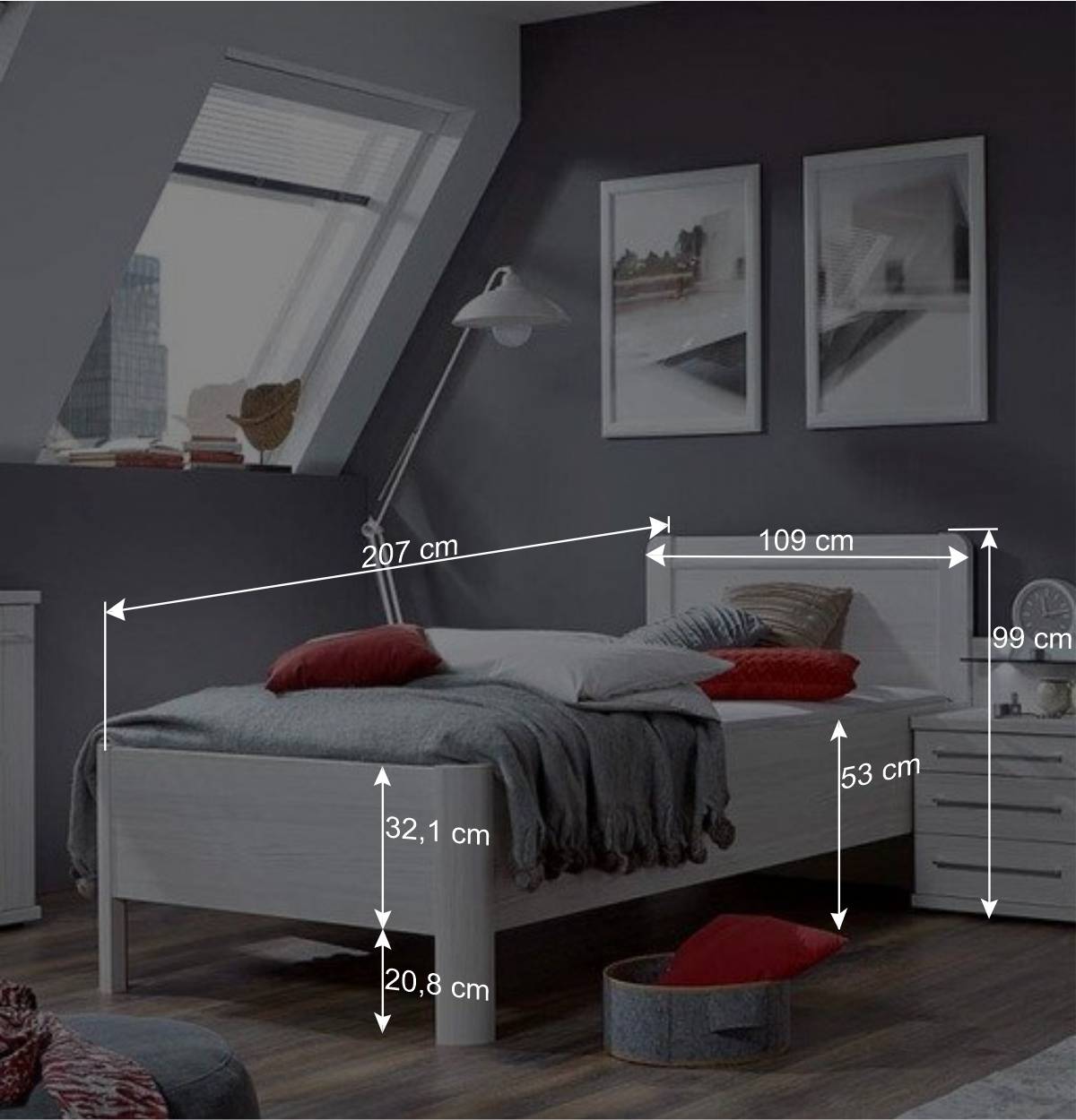 Weißes Schlafzimmerset Arneta mit Einzelbett 100x200cm (dreiteilig)