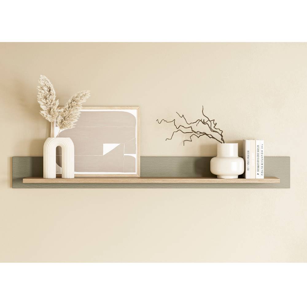 Wandboard als Regal in Holz und mattem Grau-Grün für stilvolle Ablage im Wohnbereich – Promo