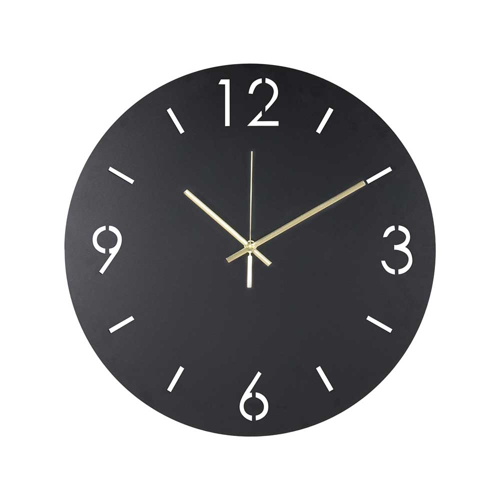 Moderne runde Wanduhr in Schwarz mit goldenen Zeigern und minimalistischem Design – Santorina