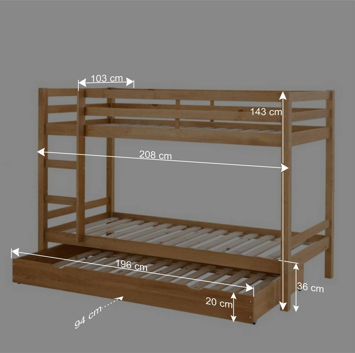 90x200 Kinder Stockbett in Kiefer Natur - Lowes