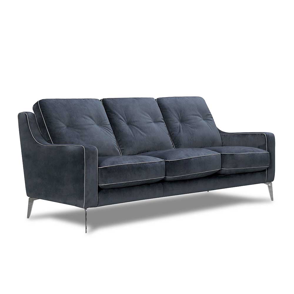 Seitliche Ansicht des 3er Samtsofas in Dunkelblau mit Nosagunterfederung und eleganter Form – Sesedra