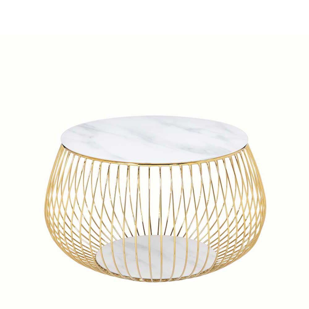 Eleganter runder Couchtisch mit glänzend goldenem Metallgestell und weißer Tischplatte in Marmoroptik – Hayaton
