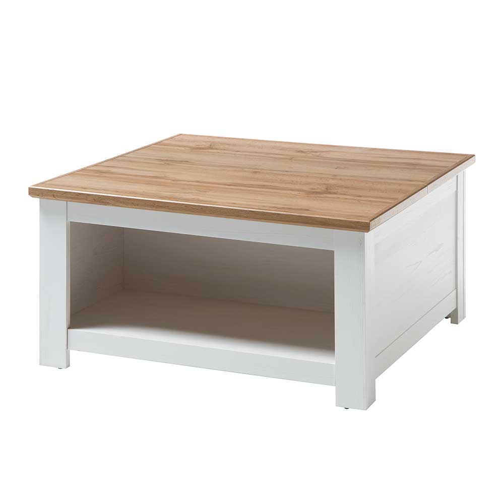 Eleganter Wohnzimmer Couchtisch in Weiß mit Holzplatte und praktischem Ablagefach – Diatara