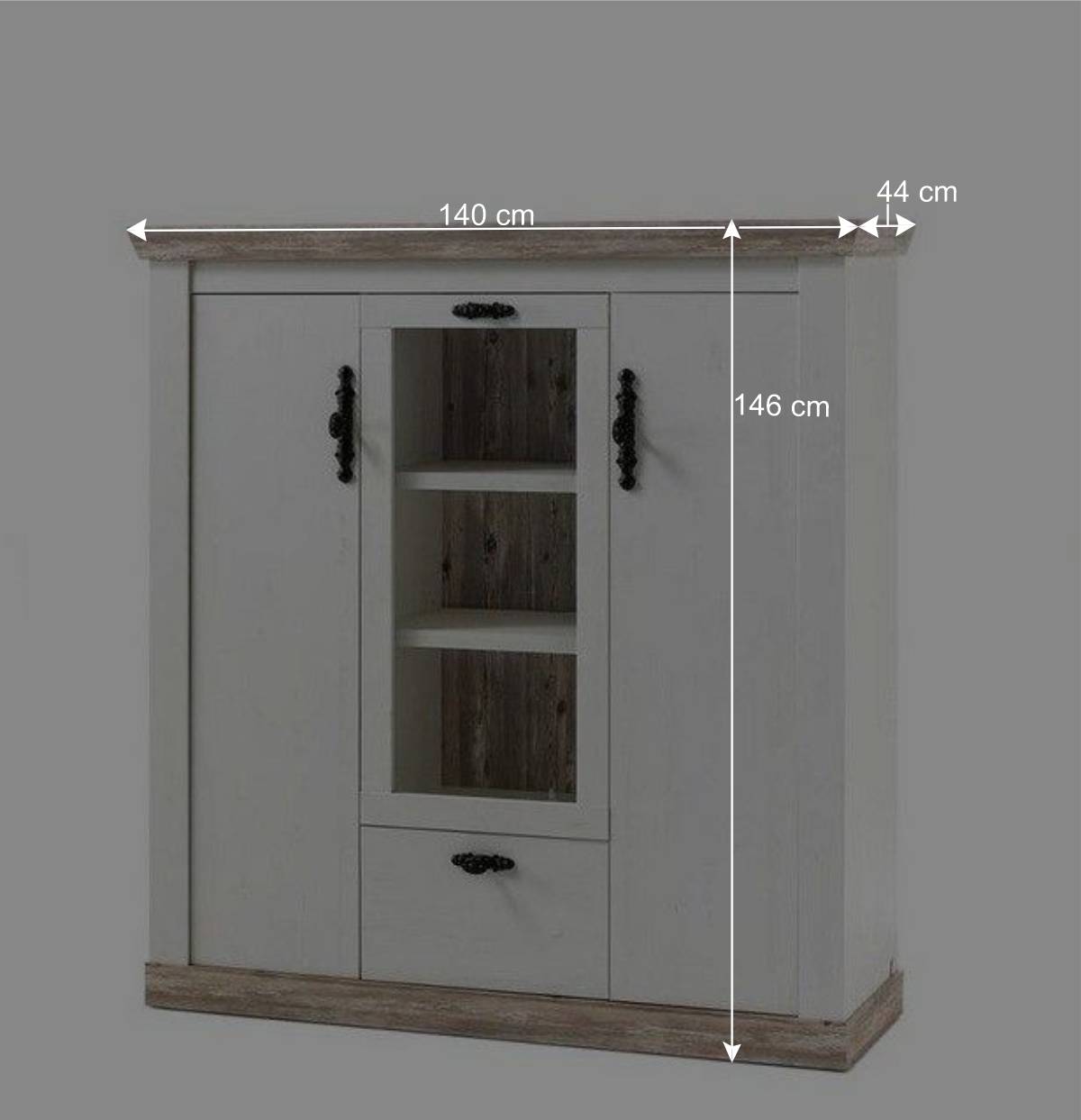Scandi Landhaus Highboard in Weiß Pinie Shabby Nedita 140 cm breit