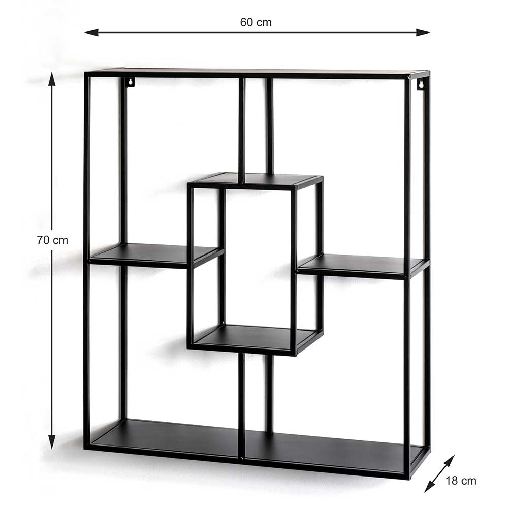 Schwarzes Hängeregal aus Metall mit Maßen und Abmessungen 60x70x18 cm für Wandmontage – Lilina