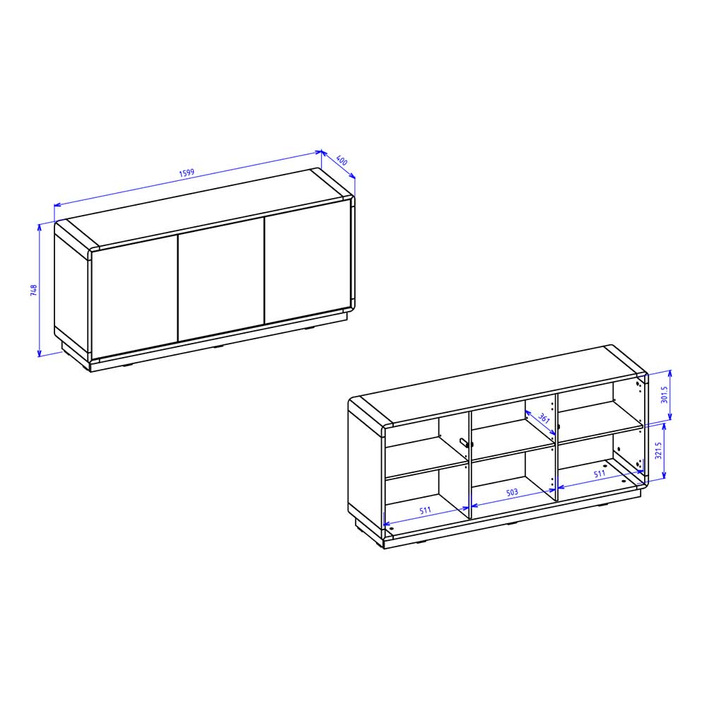 160x75x40 3-türiges Sideboard in Schwarz - Ilunas