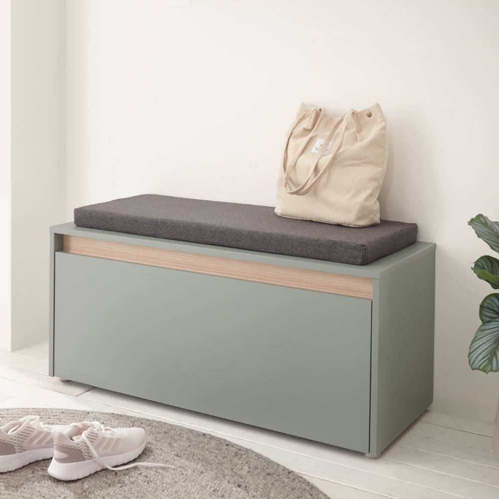 Schuhbank in mattgrün mit bequemer Sitzauflage und Holzdekor – Socotta