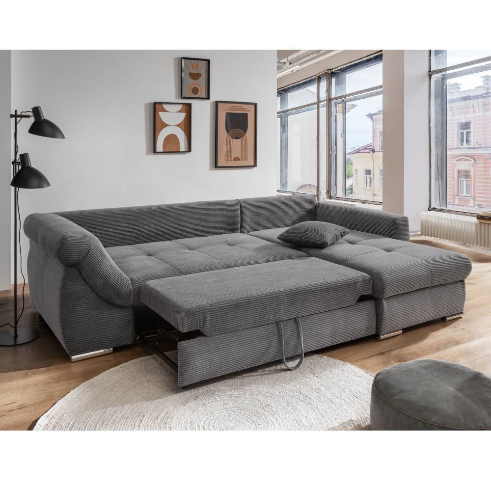 Ecksofa mit Schlaffunktion in Grau Cord - Forcelan