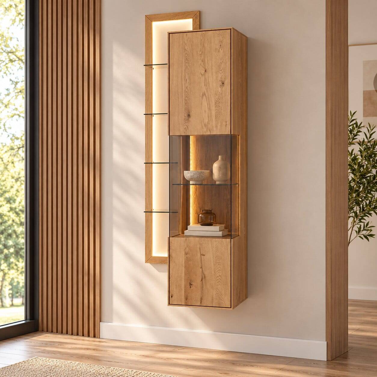 Moderne hängende Vitrine mit Regal in Holzoptik, beleuchtete Glasvitrine für das Wohnzimmer – Cocondar