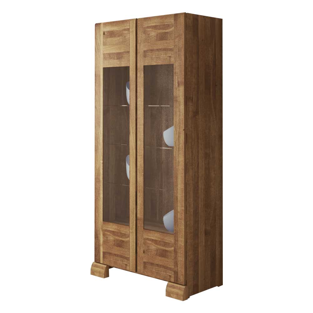 Elegante Standvitrine aus Wildeiche Massivholz mit zwei Glastüren und Sockelfüßen – Vaskov