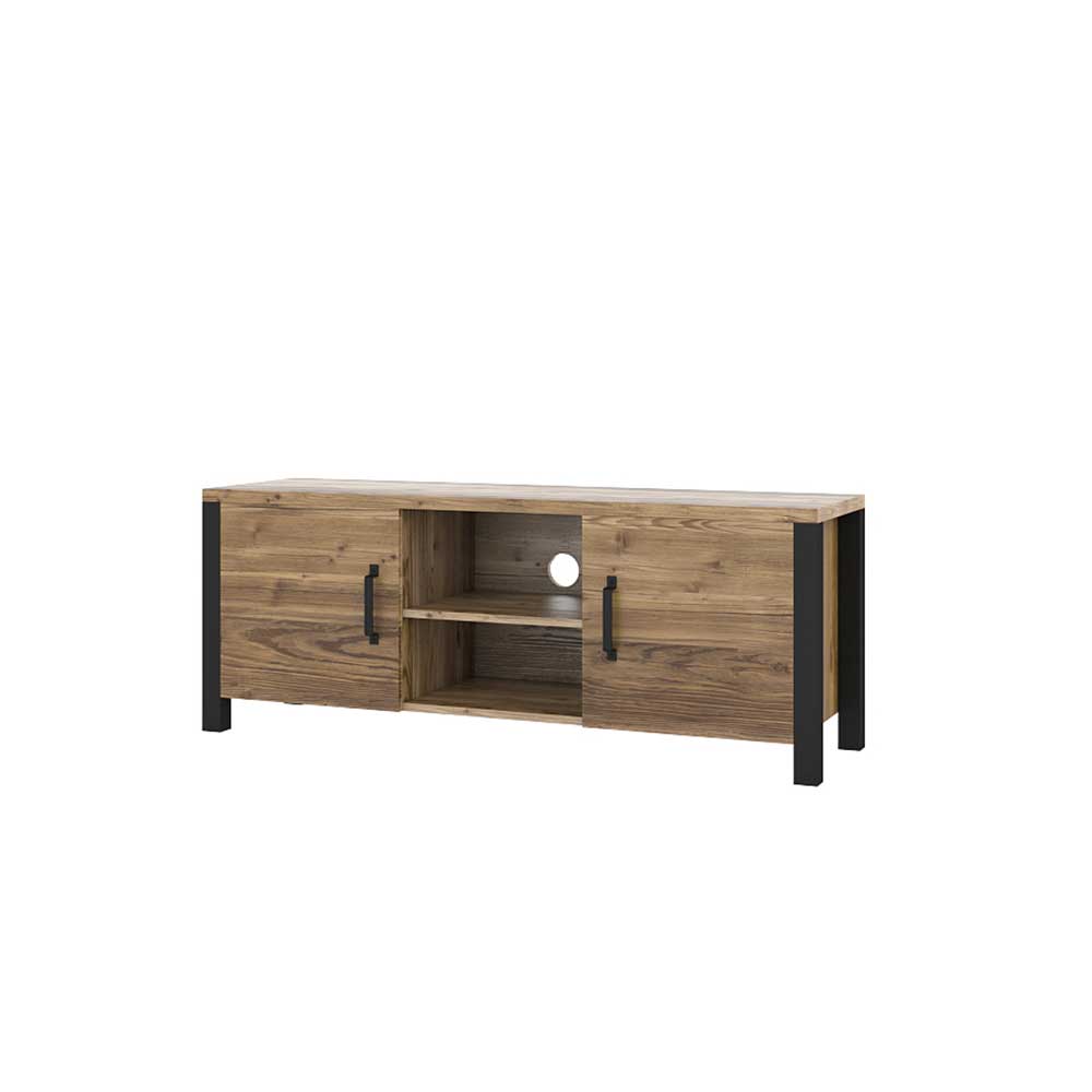 Wohnzimmer TV Lowboard in warmer Fichte Holzoptik mit schwarzen Rahmen und Griffe – Simeona