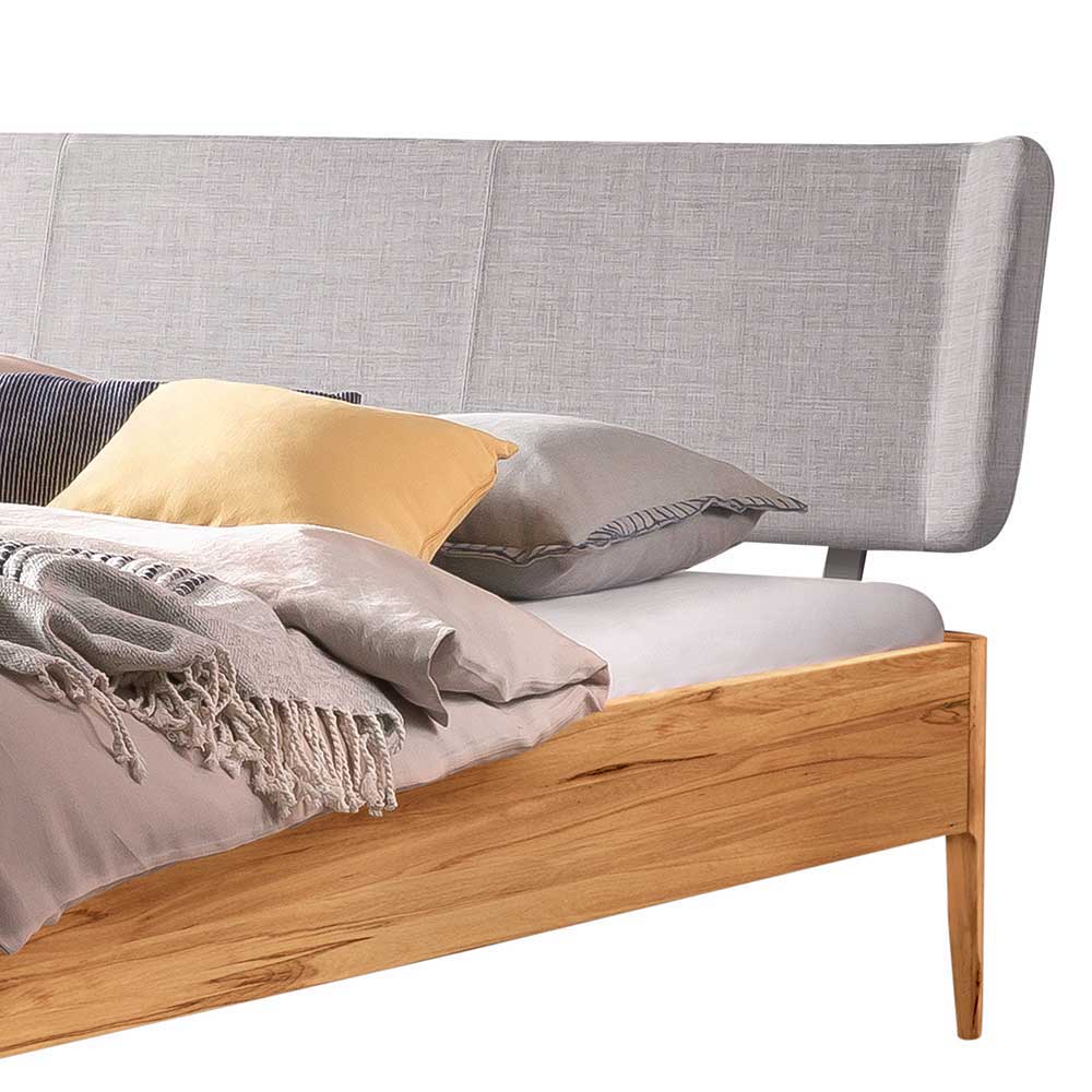 Holzbett aus Wildbuche mit grauem Stoff-Kopfteil und seitlichem Bettrahmen – Raffinato